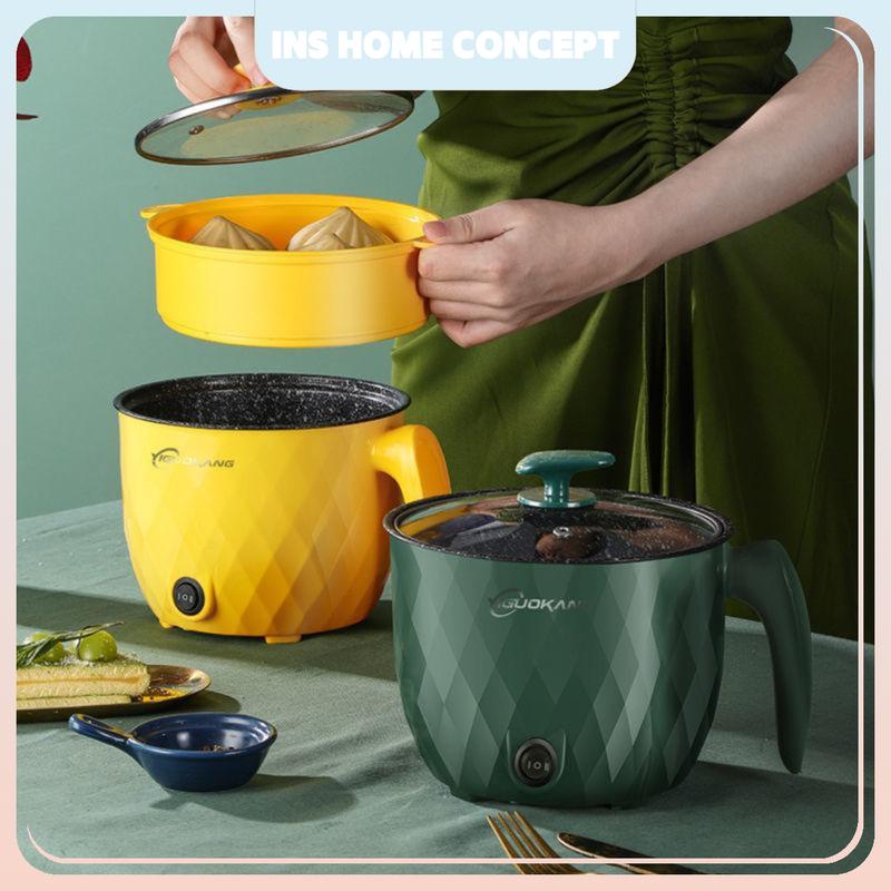 INSHOME Household Electric cooker student dormitory noodle heating small power wok electric maggie cooker Stainless Steamboat Warm Timer Heater Steel multicooker besar