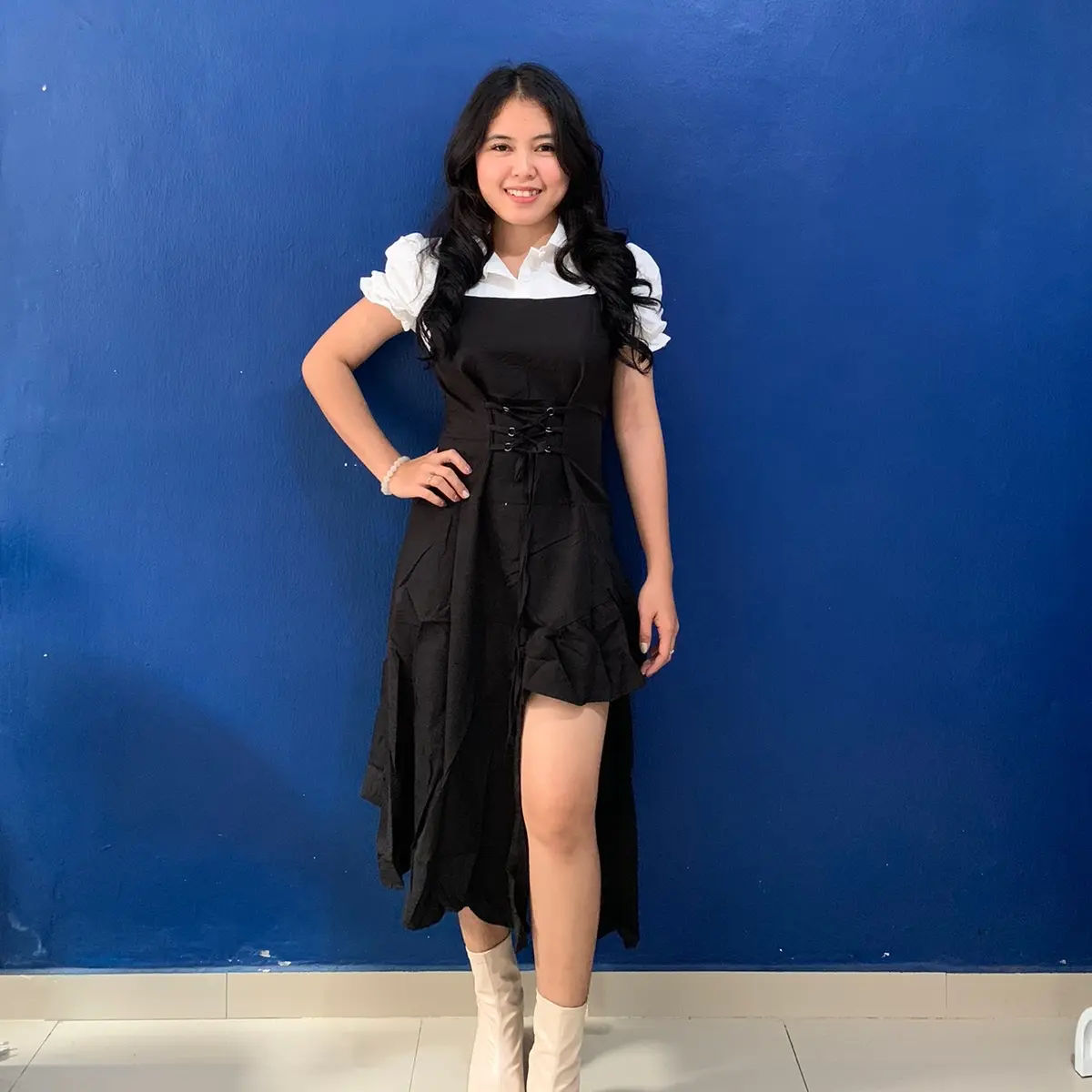 FANMU DRESS - Dress MIDI Korean black & white Dewasa