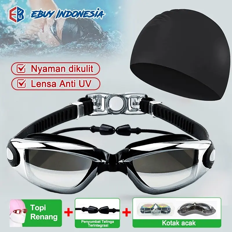 Lensa Jernih/Lentur Swimming Glass/Kacamata Renang Anti Fog+Topi Renang/Dan UV+Penyumbat Telinga