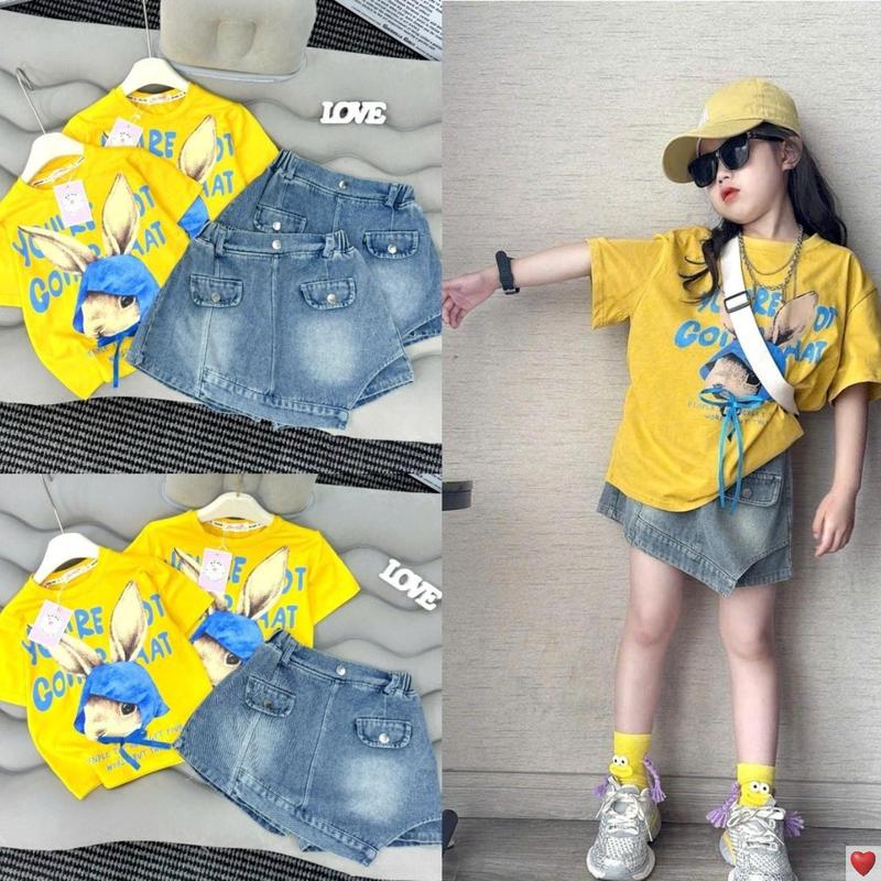 [MinMinKid2] (18-52kg) Set áo thun cotton in hoạ tiết đáng yêu phối QUẦN KIỂU VÁY năng động cho bé gái