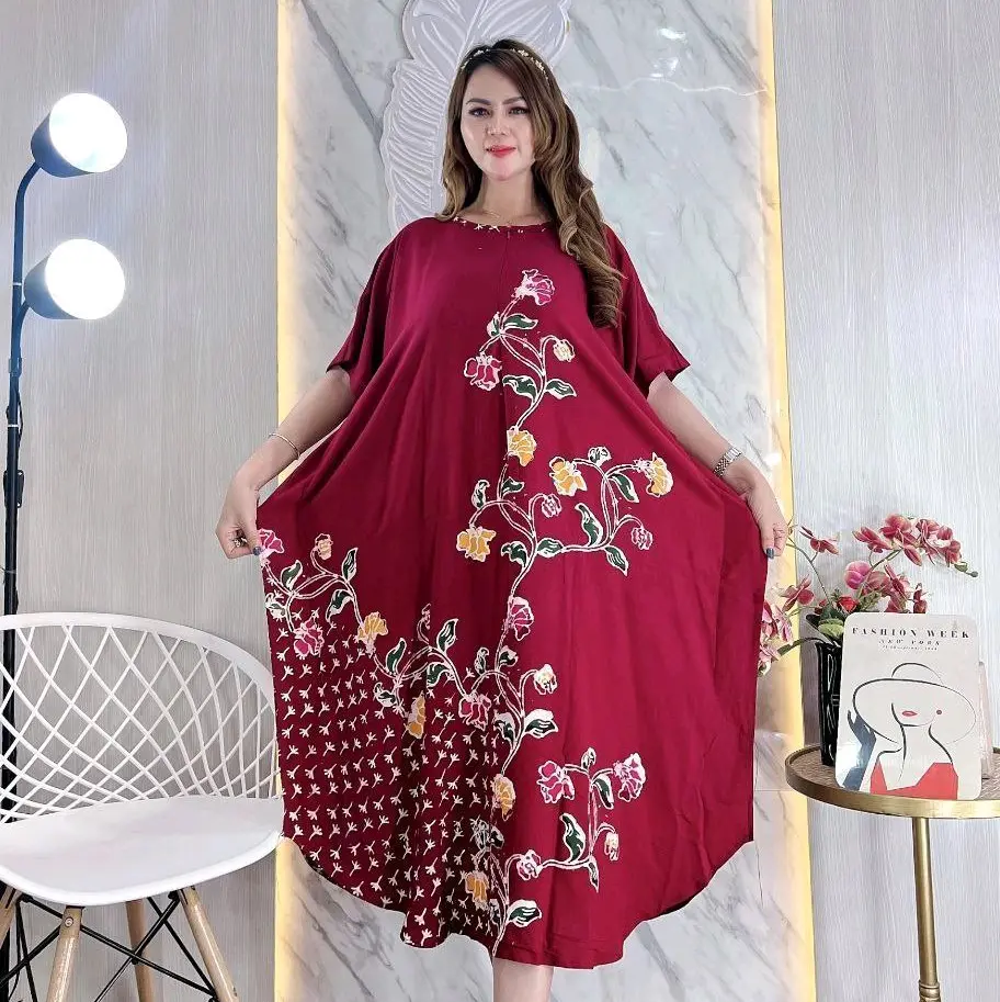 Daster Kalong Maroon - Batik Cap Original Bahan Rayon Super Busui Friendly Jumbo By Batik Cincaro Midi Dress premium Wanita Muslimah