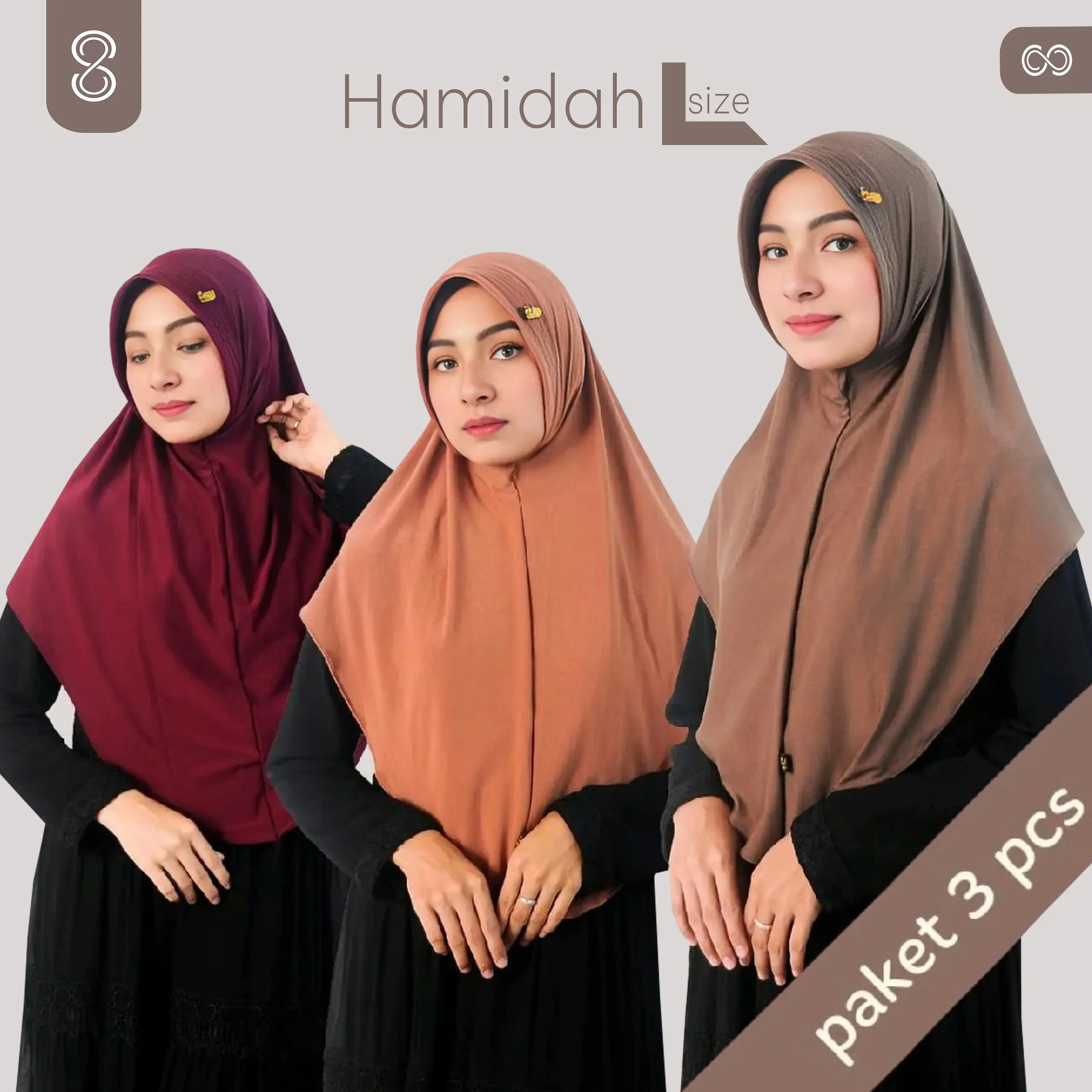 PAKET 3 PCS HAMIDAH size L label akrilik bergo