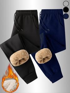 Conjunto de pantalones jogger casuales con forro de vellón para hombre, estilo urbano de otoño e invierno, tela gruesa, patrón liso, diseño ajustado