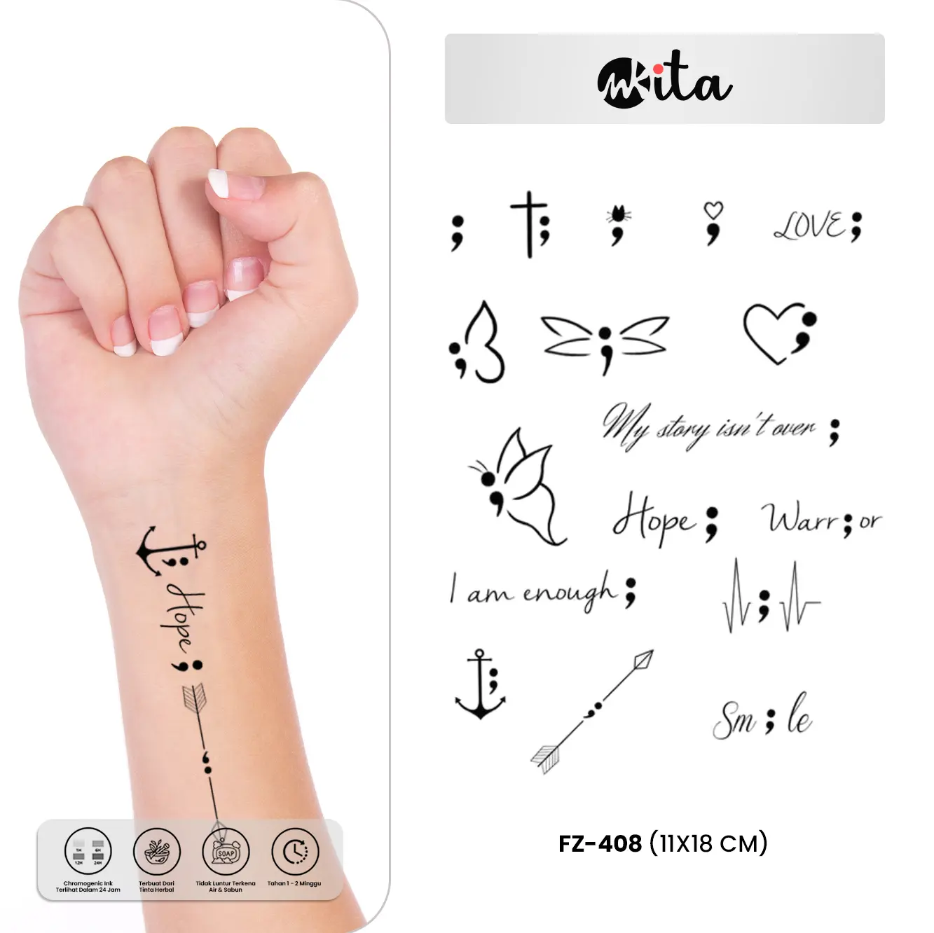 Tato temporer premium semi permanen tattoo fruit ink tatto semicolon tatoo temporary tahan air dan sabun