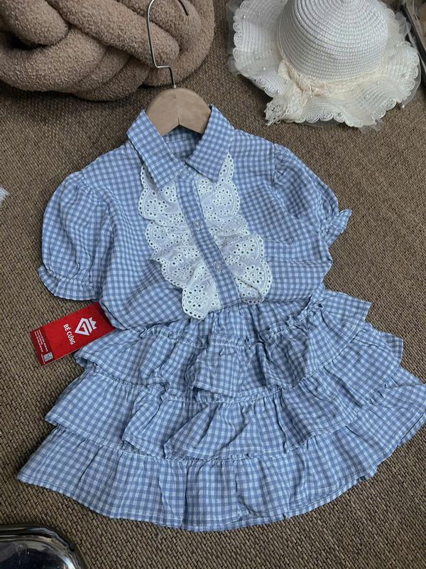 Set Áo Sơ Mi Tay Ngắn Caro 3 Màu Bèo Ren Kèm Chân Váy 3 Tầng 55Q Dành Cho Bé Gái