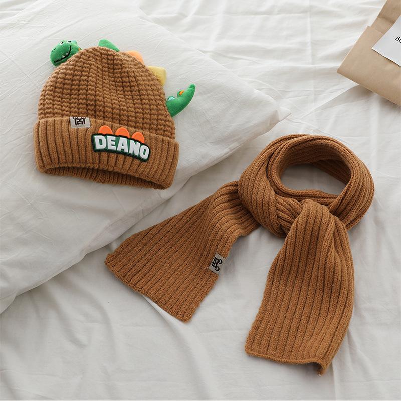 Product Introduction of 1-7Y 2Pcs Children Hat Scarf Set Cute Little Dinosaur Knitted Wool Cap Winter Warm Kids Neckerchief Boy Girl Baby Beanie 9