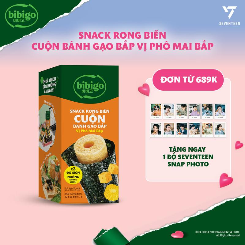 ĐƠN 689K TẶNG 1 BỘ SEVENTEEN Combo 3 Hộp Snack rong biển cuộn bánh gạo bắp BiBiGo 42g Truyền Thống Phô Mai Bắp Mực Nướng Cay 6 cái 1 hộp