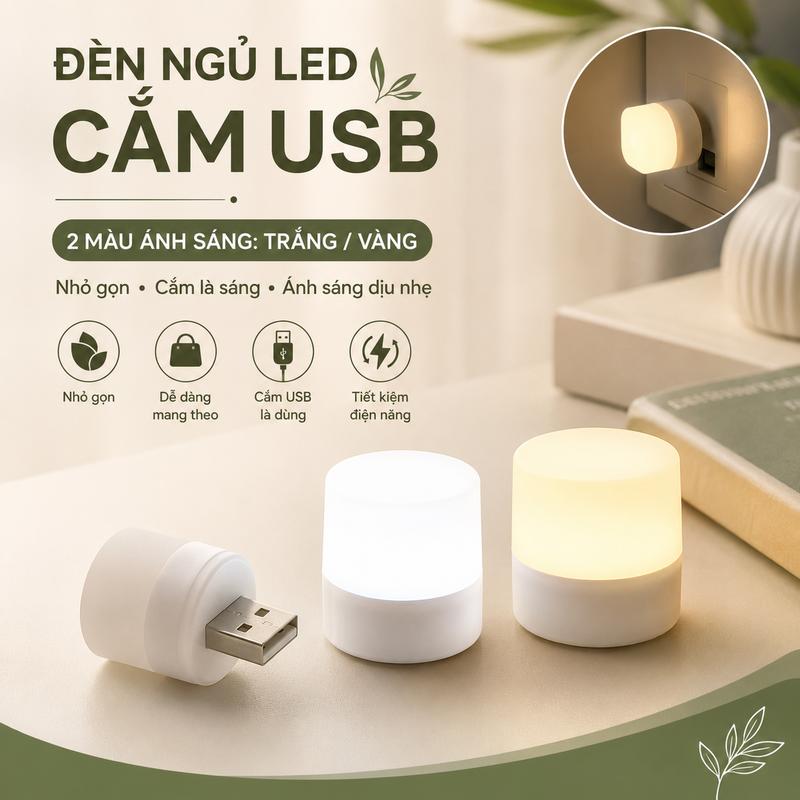 Đèn LED Mini Cổng USB Siêu Sáng Làm Đèn Ngủ Đọc Sách Bảo Vệ Mắt, Nhỏ Gọn Cắm Máy Tính Củ Sạc Dự Phòng Trắng Vàng Tiện Dụng