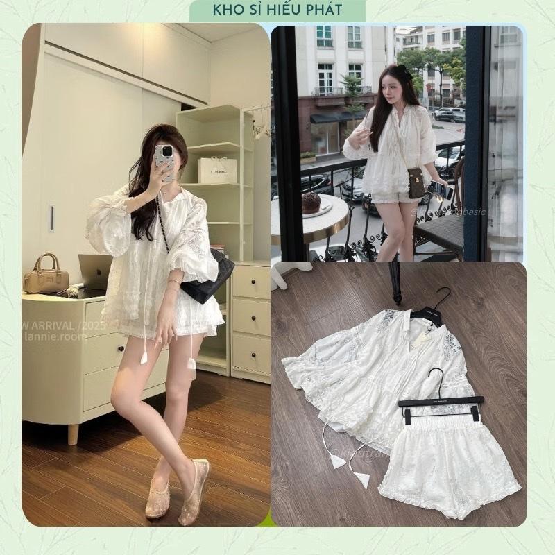 ( Hàng L1 - Dưới 70 kg) Set Bộ Ren Hoa Cổ V Trắng Tay Bồng Quần Đùi  Viền Bèo Tiểu Thư Sang Chảnh