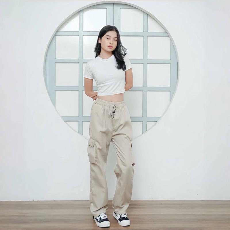 Celana Panjang Cargo Wanita Highwaist Korean Style Tali Serut Bawah  Loose Pants Standart-Jumbo Dewasa Kaki Karet 1