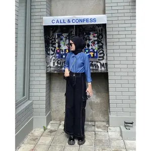 FASHIONABLE - Celana Cargo Jeans Wanita Highwaist Loose Pants Premium Jeans Cewek Celana Cargo Denim HW Korean Style Panjang Karet