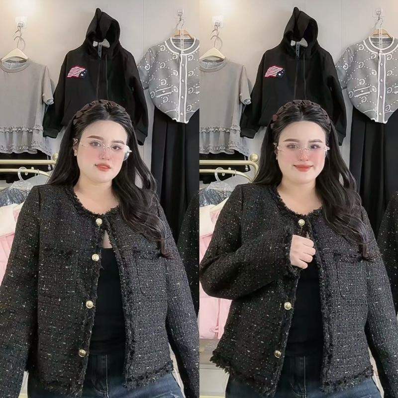  Khoác dạ 2 túi cổ tròn  cài khuy ánh kim tuyến áo khoác nữ đang hot hiện nay BIGSIZE 