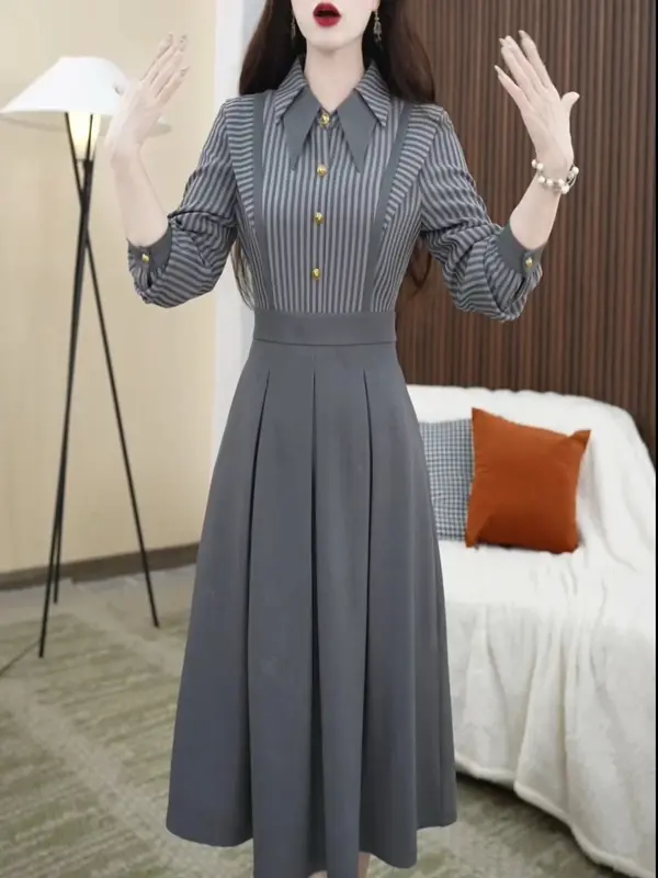 【ready stock】Gaun Dua Potong Palsu Sambungan Bergaris untuk Wanita dengan Rok Berlipat Kerah Polo 3