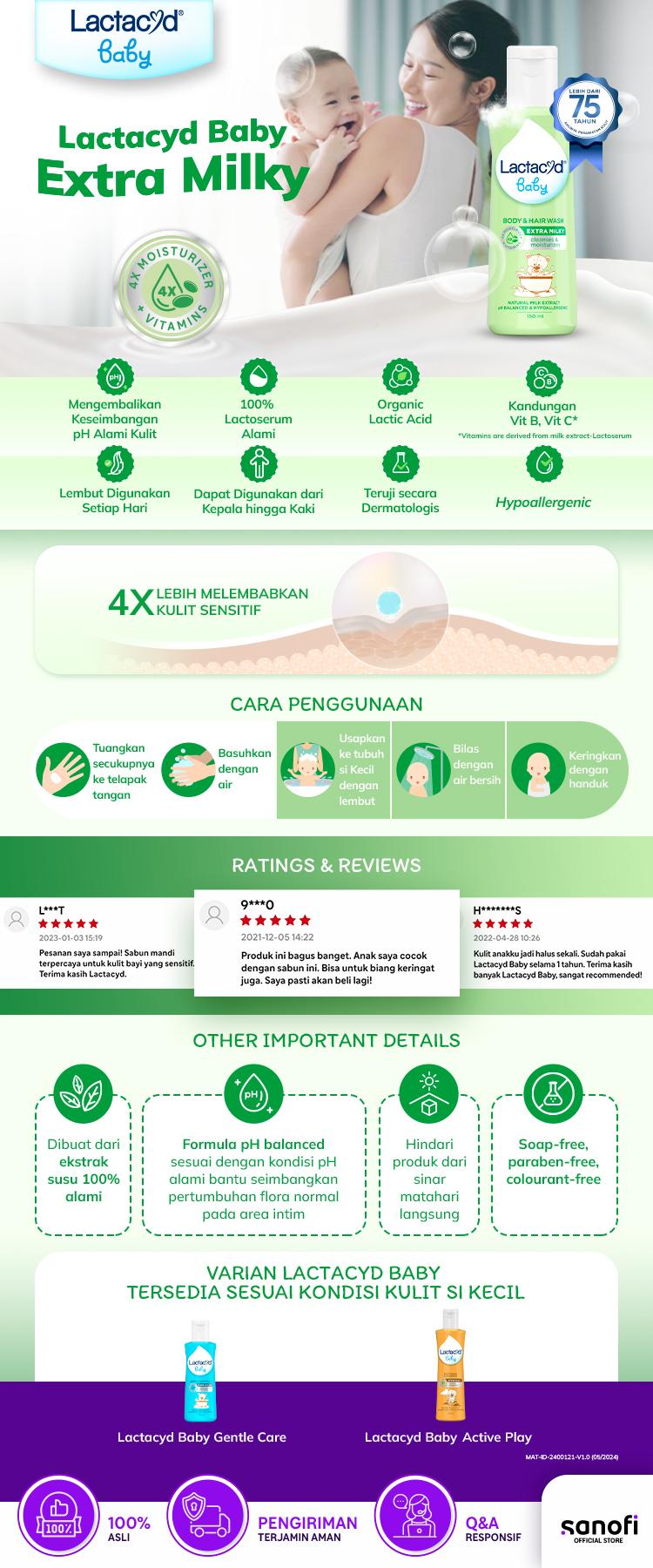 [Buy 1 Get 1] Lactacyd Baby Extra Milky 2in1 Body Wash and Hair Shampoo 500mL – Sabun dan Sampo Bayi untuk Menjaga Kelembaban + FREE Lactacyd Healthy Bright 60mL