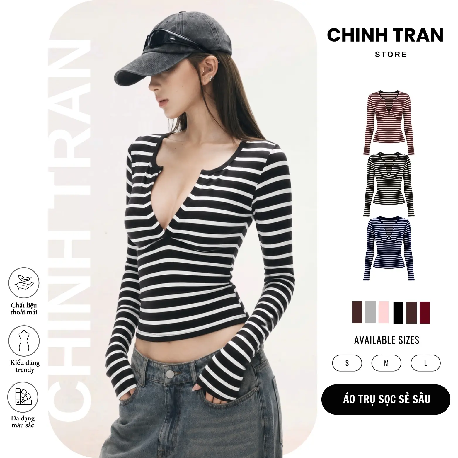 [MỞ BÁN] Áo Thun Nữ Cổ Trụ Sẻ V Tay Dài Kẻ Sọc Ngang Basic Sexy