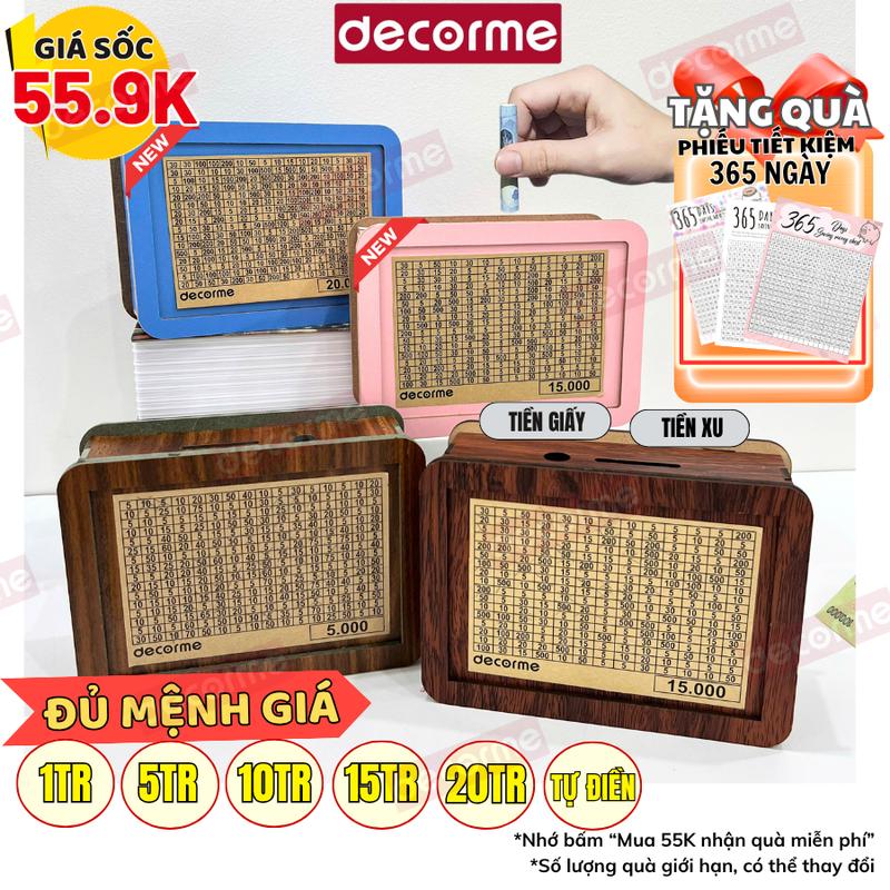 [TẶNG BÚT] Hộp gỗ tiết kiệm tiền Decorme Ống tiết kiệm, Két tiết kiệm đựng tiền tiết kiệm, đựng được cả tiền xu và tiền giấy, tiết kiệm tiền theo mệnh giá, nhiều mẫu