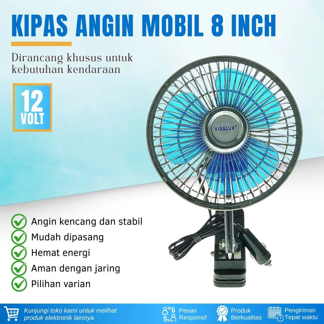 Kipas Angin Mobil 8 Inci DC 12 Volt Kipas Klip Aki Mobil 8 Inci Kipas DC Kipas Mobil Visalux Kipas Angin Mini