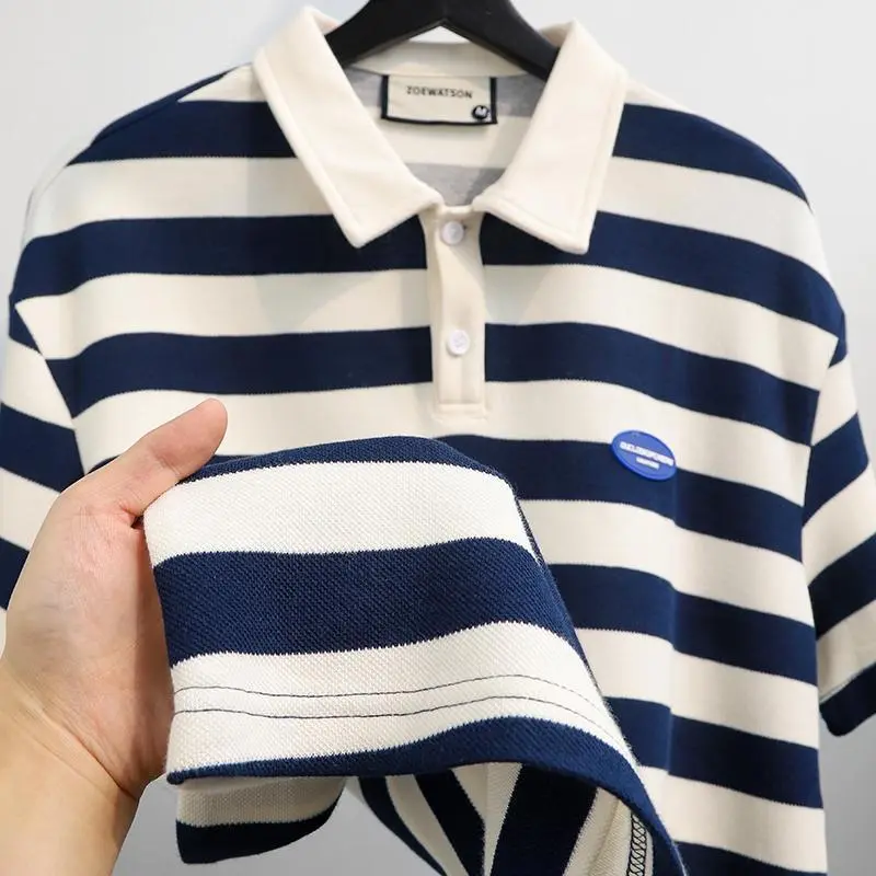 Áo Polo Ngắn Tay Kẻ Sọc Cho Nam, Áo Thun Có Ve Áo Retro Mỹ, Dáng Rộng, Thời Trang Giảm Béo, Ngoại Cỡ, 150.00Kg Menswear