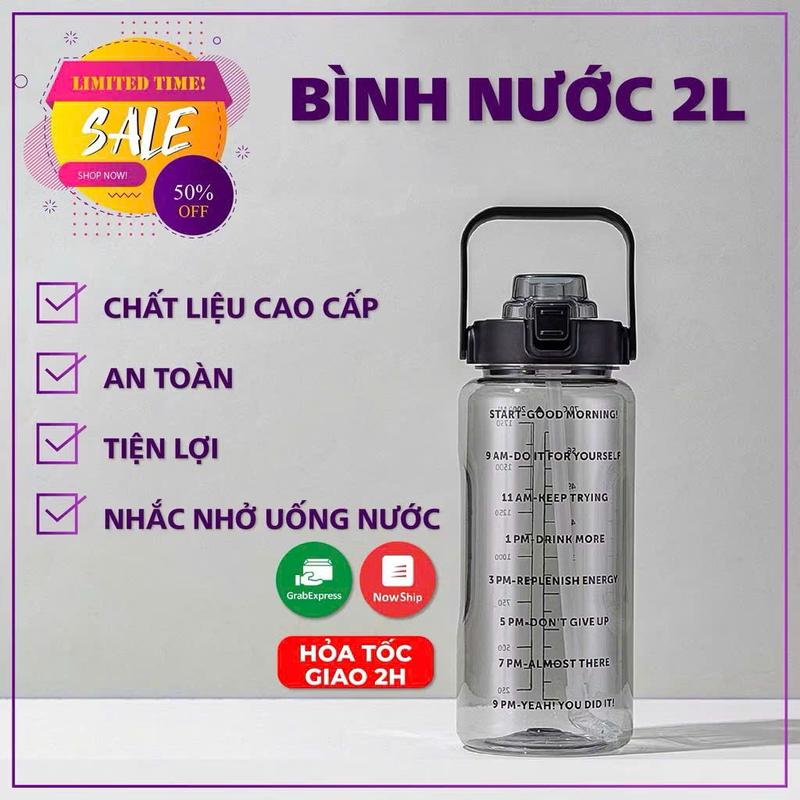 Bình nước thể thao 2 lít dành cho người tập gym lười uống nước, vạch chia nhắc giờ