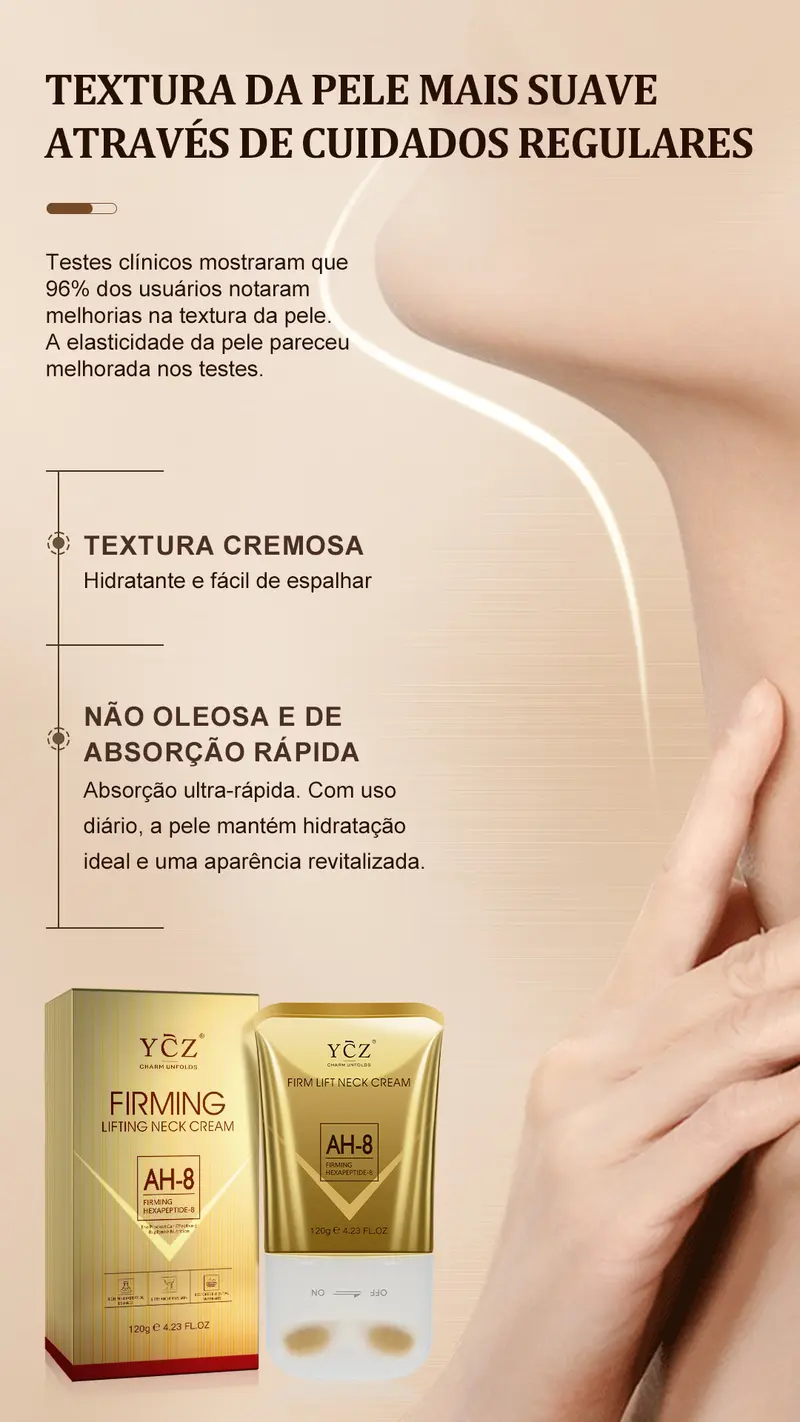 Product Introduction of YCZ Skincare creme para o pescoço, com um design exclusivo de rolo duplo em forma de V, reduz eficazmente as linhas finas no pescoço, ao mesmo tempo que nutre e hidrata para fortalecer a barreira cutânea. Adequado para todos os tons de pele. 3