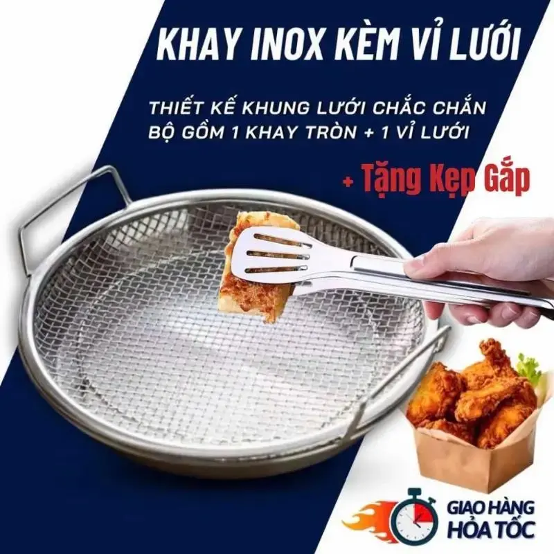 (TẶNG KẸP) Set khay đĩa tặng kèm vỉ lưới 20cm lọc dầu chất lượng Inox cao cấp, khay lọc chiên dán đa năng 20cm.
