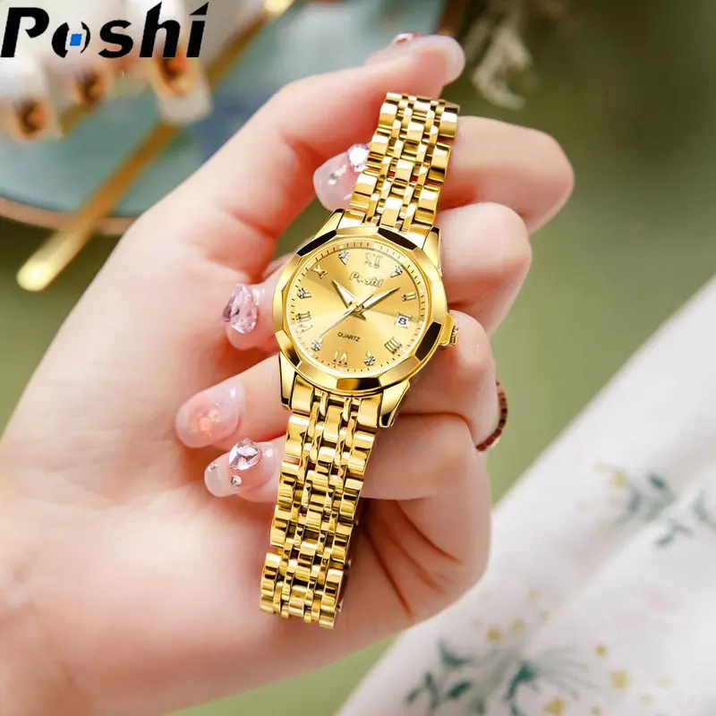 Đồng Hồ Thạch Anh Vàng, Chính Hãng, Dành Cho Nữ, Kim Cương Giả Mới, Không Thấm Nước, Dây Đeo Bằng Thép Không Gỉ, Đồng Hồ Nữ Sang Trọng 4