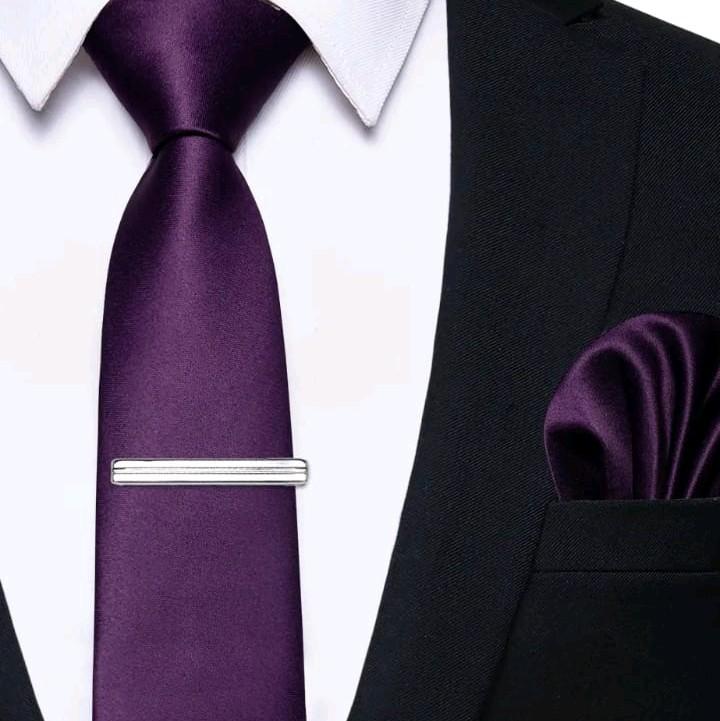 Dasi instan  pria plus penjepit dasi silver metalik dasi 3inchi 8 cm+ pocket square 3 in 1 packing box 3