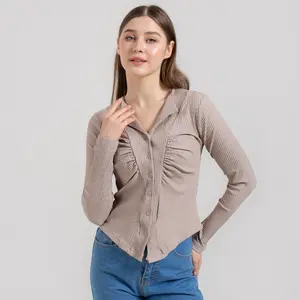 Atasan wanita Korea style kameja serut kancing bahan Knit premium L fit XL Knitwear Bulat cardigan