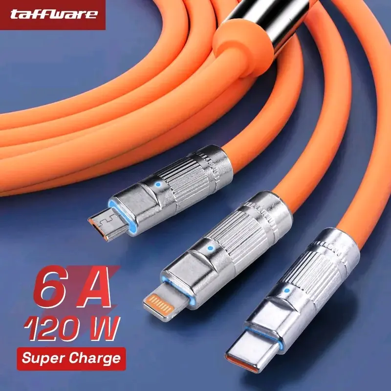 Kabel Cas HP 3in1 120W 6A Fast Charge Cable 3 In 1 For Micro Type-C Lightning Iphone Super Charge USB Zinc Protection Data Kable Charger 7