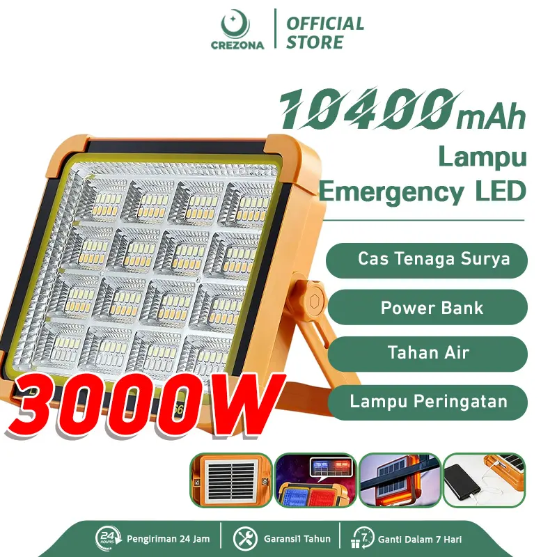 CREZONA Lampu Surya Darurat 292 LED 10400mAh IP66 Tahan Air Bisa Cas Hp Power Bank Outdoor Camping LK531