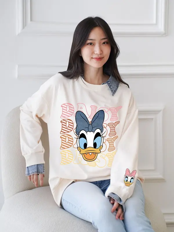 Sweater Kerah Motif Desi Kombinasi Denim Babyterry Import Cute Korean Style Oversize Sweatshirt Kemeja Fit Panjang Mikei Bordir Wanita Atasan Crewneck Krem 2
