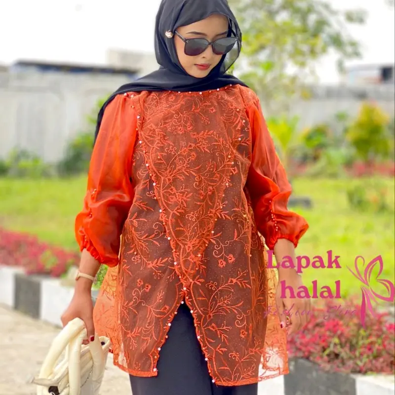 Baju Kondangan Wanita Outer Brokat Silang Mix Organza Lengan Balon Karet Full Payet Mutiara - Muslim Cantik 0
