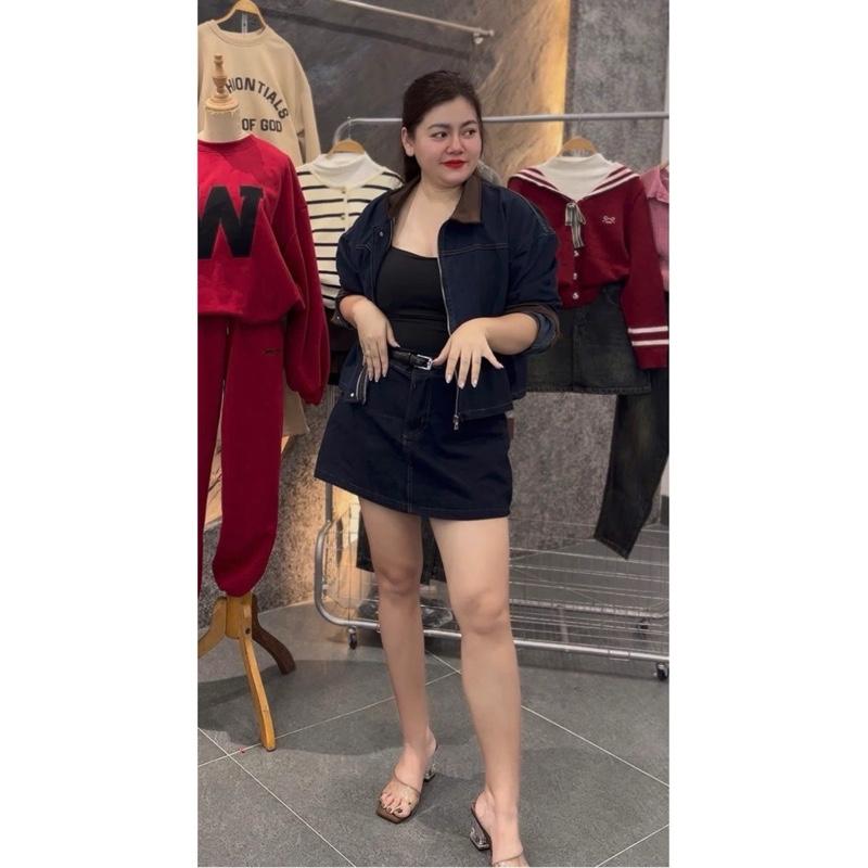 222 BIGGSIZE Set bộ jeans nữ áo khoác croptop dài phối cổ kèm quần váy cạp cao