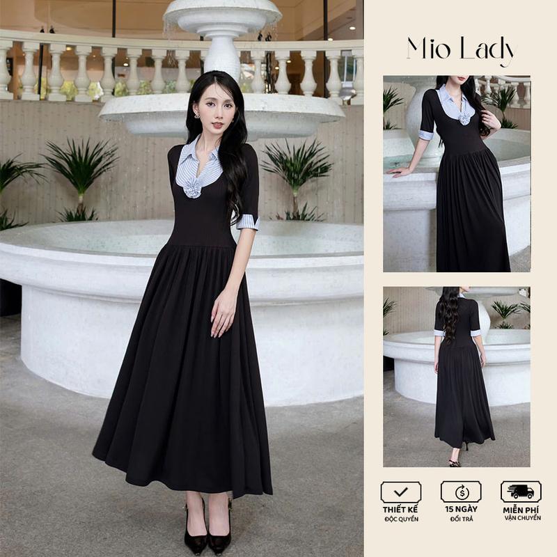 Mio Lady - Váy thun tăm dáng dài nữ, cổ sơ mi thô ocphot, tay lỡ, kèm hoa