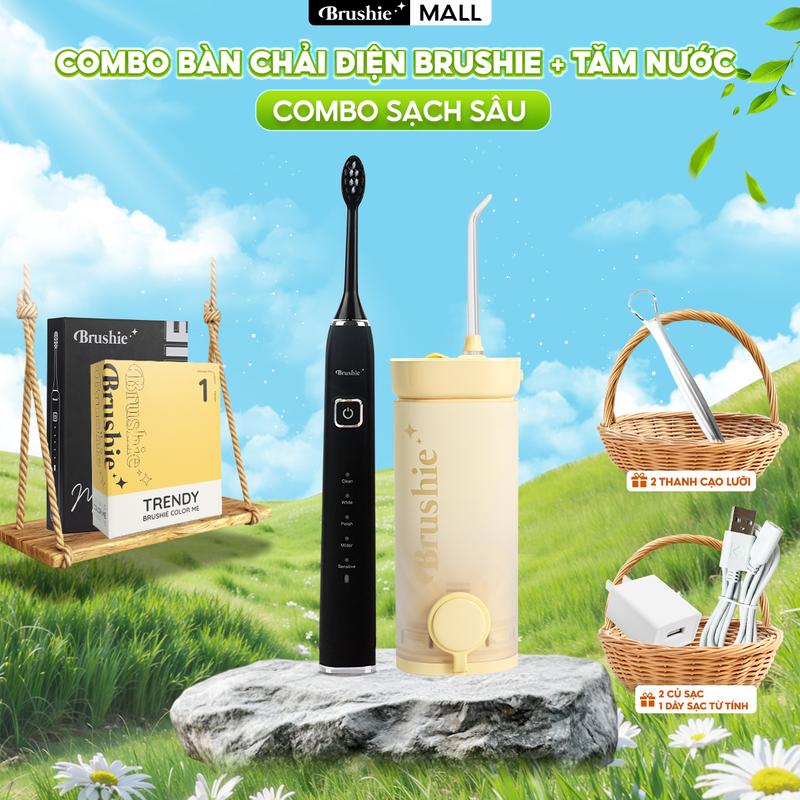 [DEAL SHOCK GIẢM 100K] Combo bàn chải điện Brushie Ultra Plus chính hãng tích hợp đầu rửa mặt và Tăm nước mini Brushie Thập sắc nhỏ gọn - TẶNG 2 CỦ SẠC + 2 THANH CẠO LƯỠI + 1 DÂY SẠC TỪ TÍNH