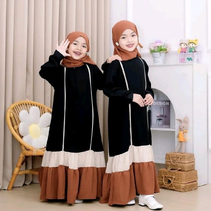Gamis Lebaran Anak Perempuan Simple Elegan Untuk Anak Usia 6 7 8 9 Tahun Fahira Kids Abaya Set Hijab Bahan Crinkle Resleting Depan Bagian Tangan Karet Pakaian Muslim Anak Perempuan Kekinian 3