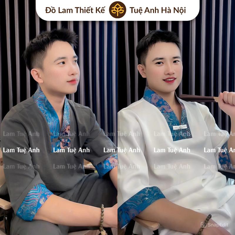 Bộ đồ lam đi chùa cổ V phối gấm tay ngắn dành cho nam vải đũi cao cấp Áo Menswear