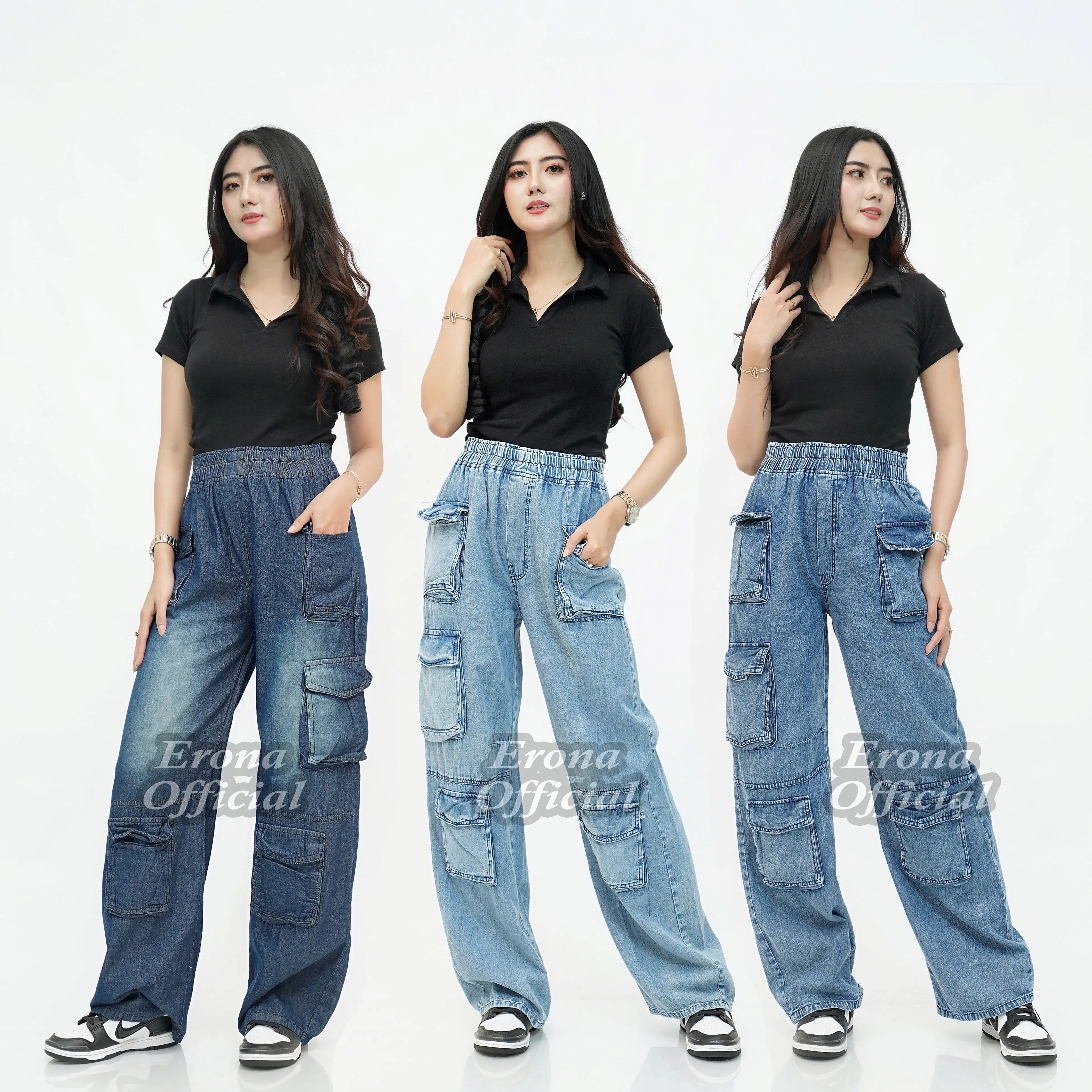 Erona_id - Celana Jeans Kulot Cargo Panjang Wanita Skena Kekinian 2025 dengan Karet Pinggang Elastis dan 5 Kantong Samping-Depan-Bawah Dewasa Cewek