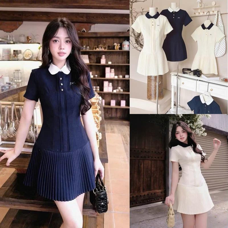 Váy Thêu Nơ Cổ Sơ Mi Xếp Li Ngắn Tay Thanh Lịch Nhẹ Nhàng Xanh Kem Top Nữ Women