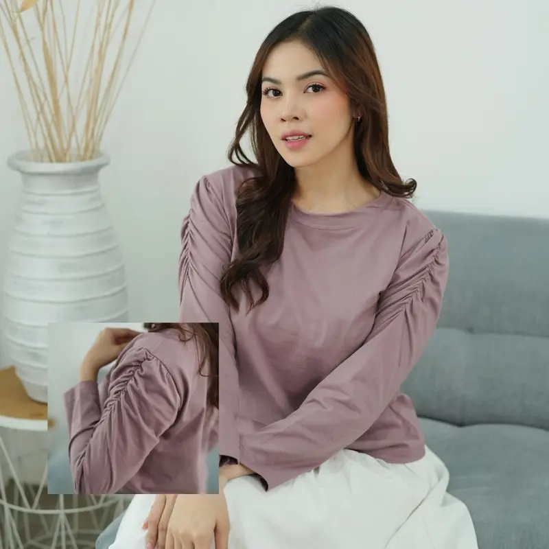 Atasan Wanita Kaos Lengan 7/8 Findri Top Kerut Samping Lengan Atas Feminine Style Cotton Combed Premium Size M L XL Basic Polos Elegant Casual Girly Outfit 0