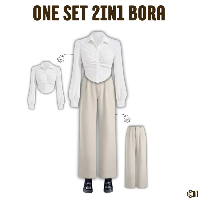 Bora Outfit Vintage Cantik [Kemeja putih Crop Katun , Celana ivory, dan Belt coklat] One set OOTD Yearbook - PS46 5