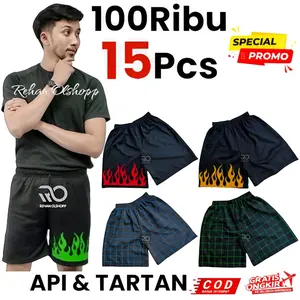 100 Ribuan 15 Pcs Celana kolor Api & Motif Kotak celana melar Hitam Putih Merah Pria Hijau Shorts Biru Motif Polos Pendek Panjang Tidur Surfing Remaja Dewasa Distro Pantai   Boxer Santai