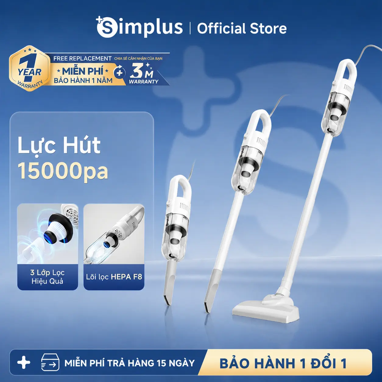 SP01 Máy Hút Bụi Simplus XCQH002WH01 Lực Hút 15000PA, Lõi Lọc HEPA F8, Dây Dài 4M, Hút Mạnh Công Suất 400W,  tốc độ cao 30000 vòng/phút, Bộ Lọc HEPA F8, Hộp chứa bụi trong suốt, Bảo Hành 1 Năm Chỉ Đổi Không Sửa