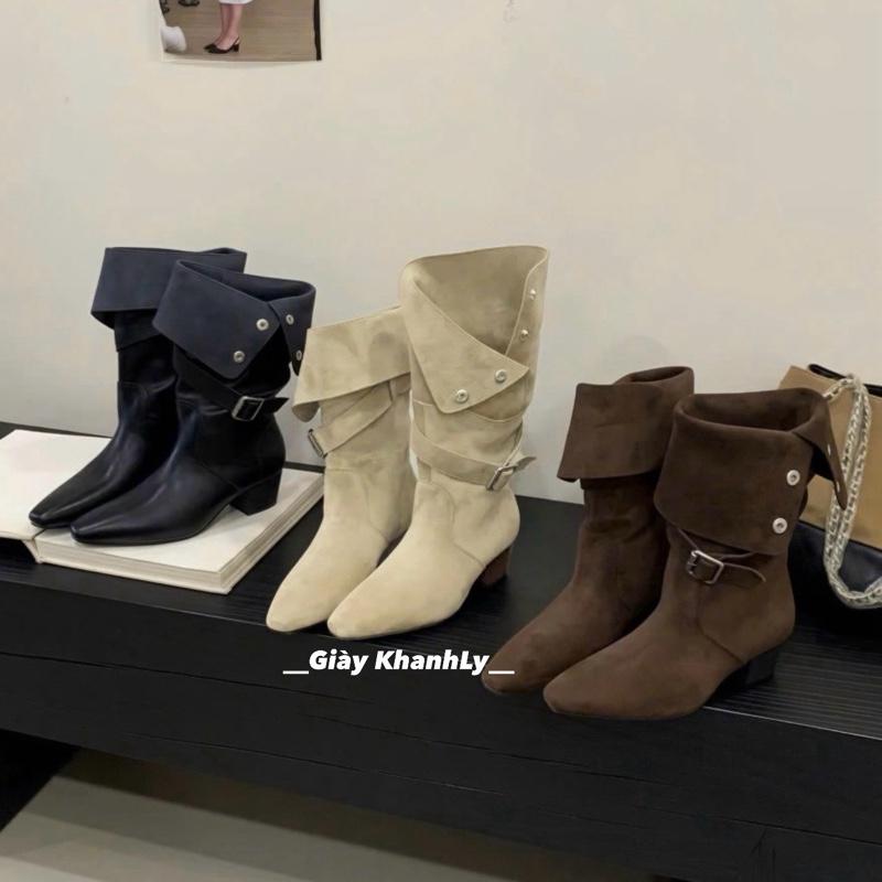   SẴN HÀNG  Bốt Nữ Thu Đông 3 màu phối khuy kiểu dáng cao bồi SLINE 