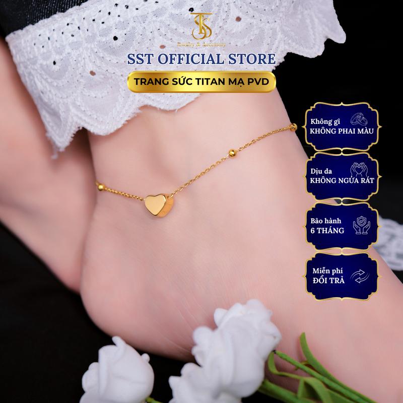Lắc chân Titan SST thanh mảnh Mặt Trái Tim phối charm bi Không Đen Gỉ LC01