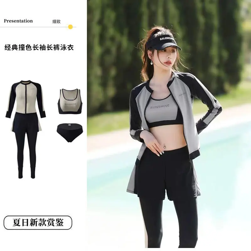 2024 New Swimsuit Women's Winter Split Blouse Sun Protection Conservative Long Sleeve Pants Five-Piece Long Sleeve Sports Surfing Swimsuit