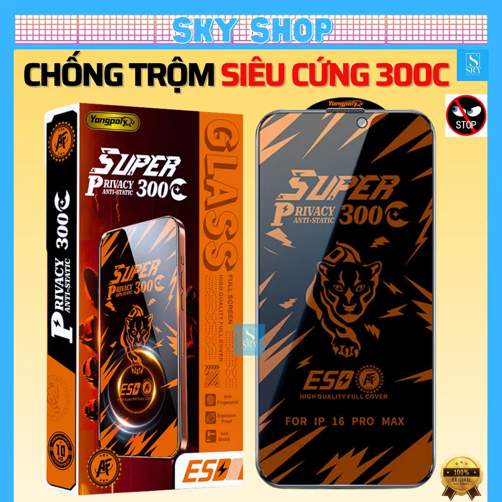 Kính cường lực iphone SUPER LARGE ARC 300C ESD chống nhìn trộm cho ip 17 ProMax 17 Air 16 ProMax 15 Plus 14 13 12 ProMax 11 Pro max