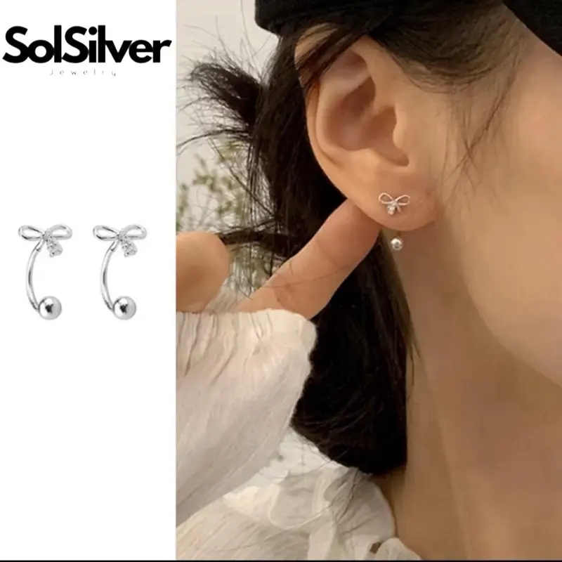 [052] Bông tai bạc cong chốt ren nơ SolSilver