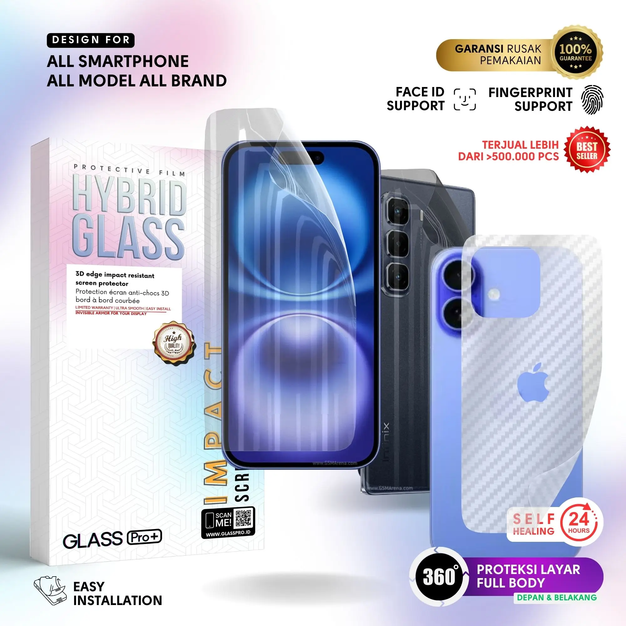 For ALL BRAND ALL MODEL - Hybrid Glass Hydrogel Full Cover Depan Belakang Anti Gores Premium Screen Protector Glossy Glass Pro - NOT Tempered Glass Matte Anti Gores Kaca Anti Crack Privacy Easy Install Gorilla Glass Anti Static hg-clear-carbon