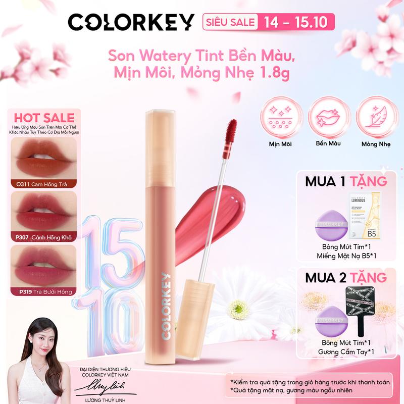 Son COLORKEY Watery Tint Bền Màu Lâu Trôi, Không Dính Cốc, Siêu Mịn Môi 1.8g